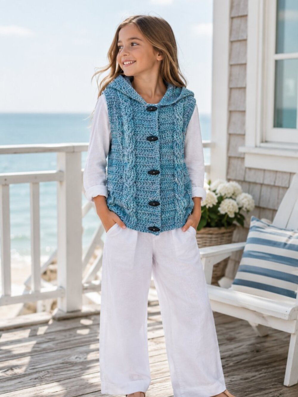 Hand Made Girls Vest Size Small Crocheted Blue Hippie Boho Hooded Sweater READ